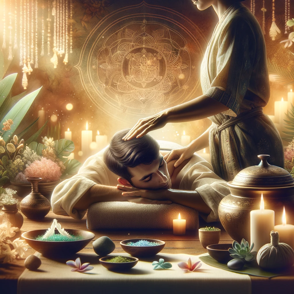 Scena masażu Shiroabhyanga w Saunie Olimpia, ukazująca spokojne otoczenie spa z masażystą aplikującym aromatyczne oleje na głowę i ciało klienta, w tle elementy natury i symbolika ajurwedyjska.